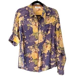 Harley and Me Floral Cotton Shirt XL Earth Tone Botanical Button Down Roll Tab